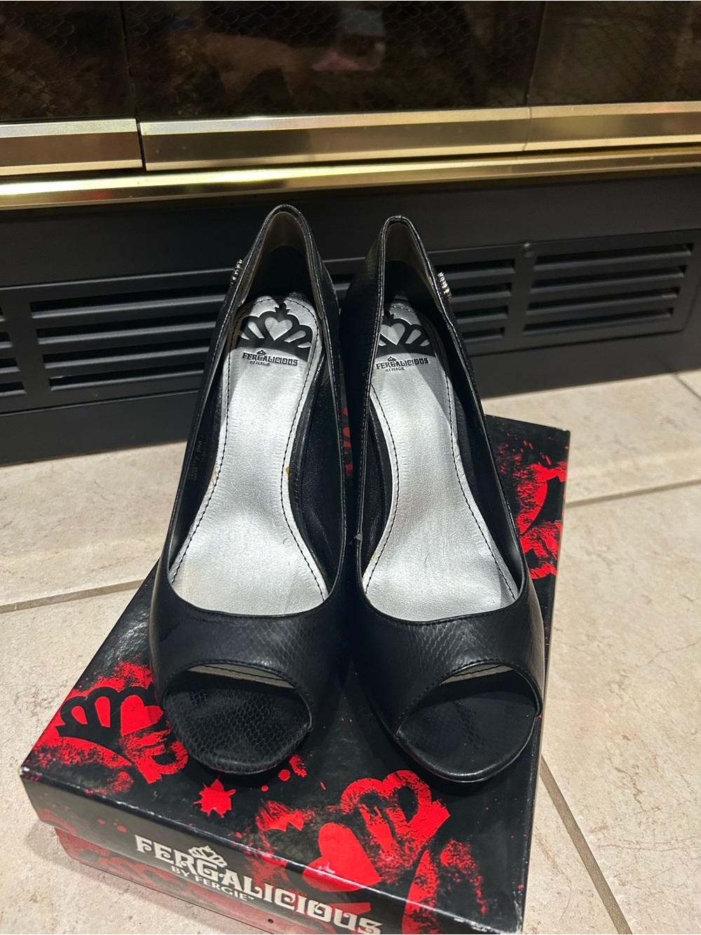 Fergalicious Black Peep-Toe Pumps with Silver Insole